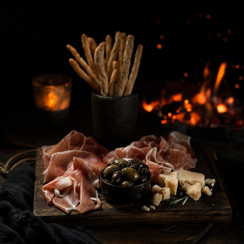 Antipasti-Brett mit Prosciutto, Oliven, Parmesan und Grissini im Kerzenlicht