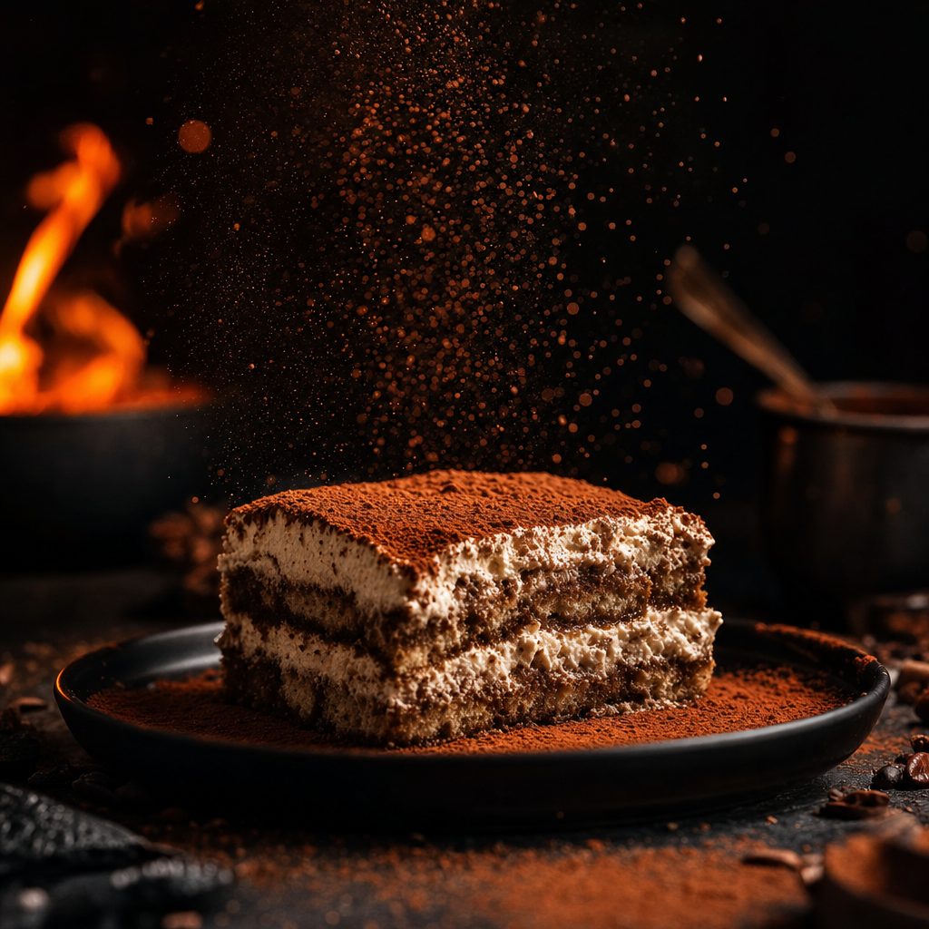 Hausgemachtes Tiramisu, frisch mit Kakao bestäubt