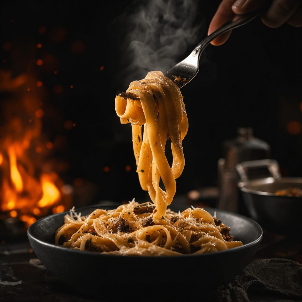 Frische Tagliatelle auf der Gabel, dampfend, mit Parmesan — im Hintergrund das Feuer