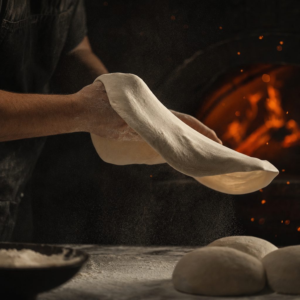 Hände ziehen frischen Pizzateig vor dem glühenden Steinofen aus